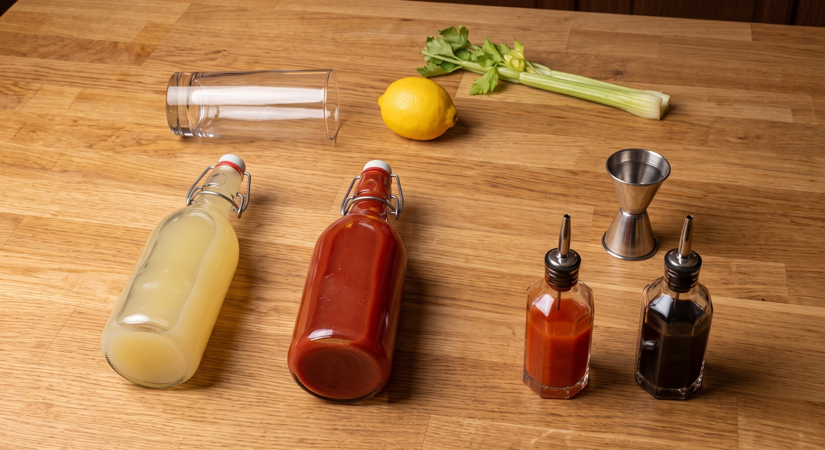 Ingredients laid out for the Bloody Mary