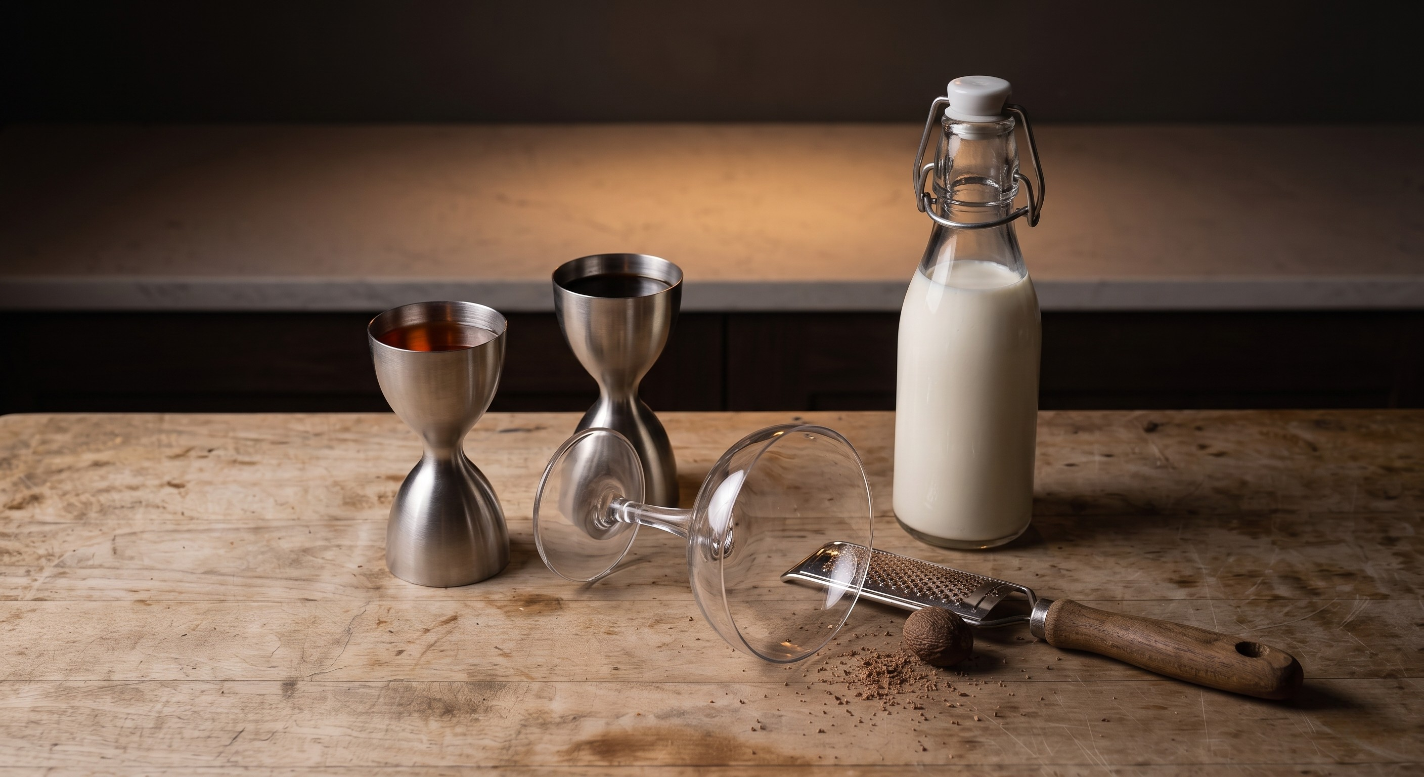 Ingredients laid out for the Brandy Alexander