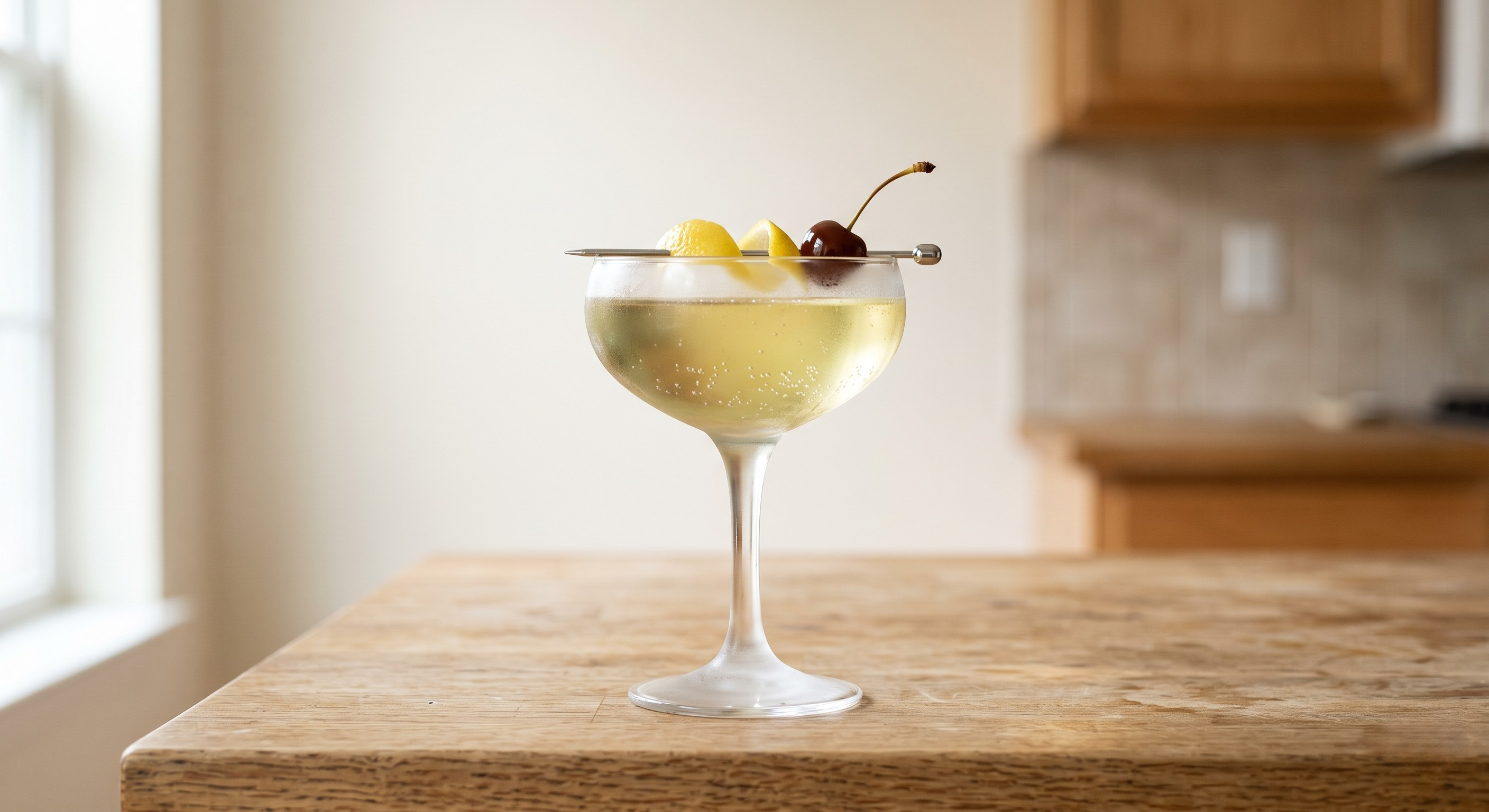 Brandy Daisy cocktail served in a Chilled coupe. Garnish: lemon twist and a cherry.