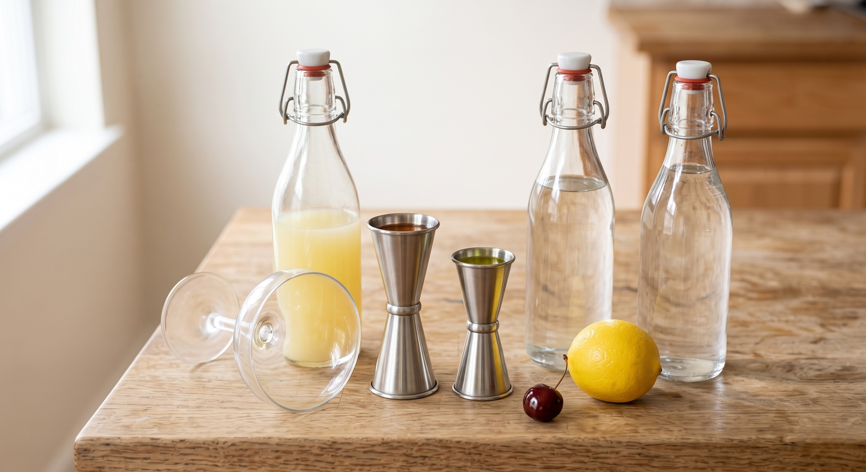 Ingredients laid out for the Brandy Daisy