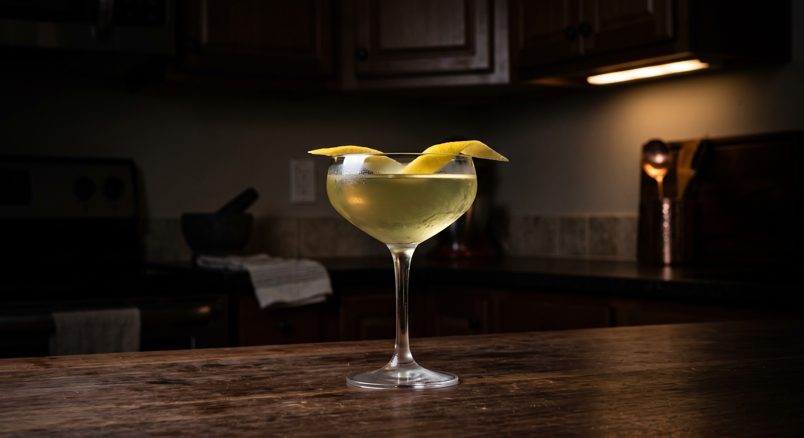 Champs-Élysées cocktail served in a Chilled coupe. Garnish: lemon twist