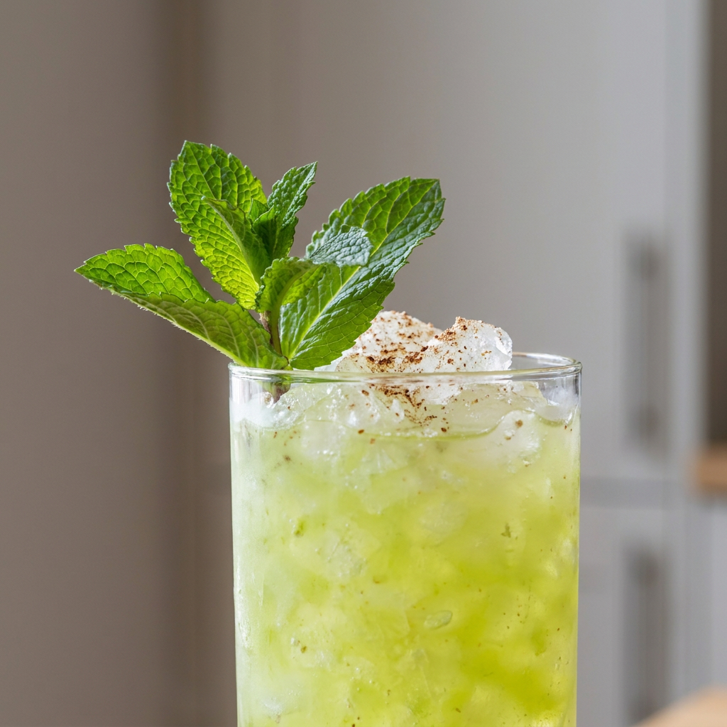 Close-up of the garnish on a Chartreuse Swizzle, expressed over the glass