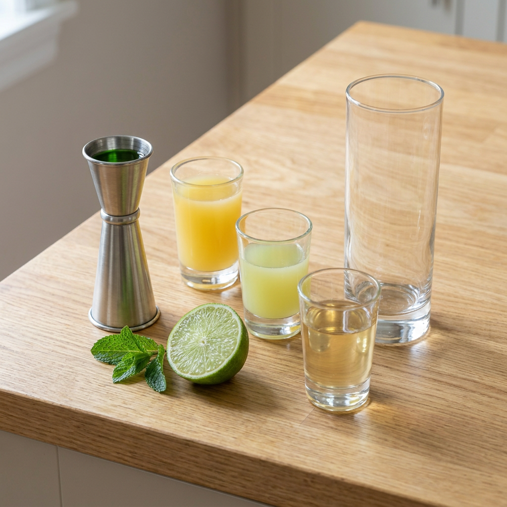 Ingredients for a Chartreuse Swizzle: Green Chartreuse, Pineapple juice, Fresh lime juice laid out on a home kitchen counter