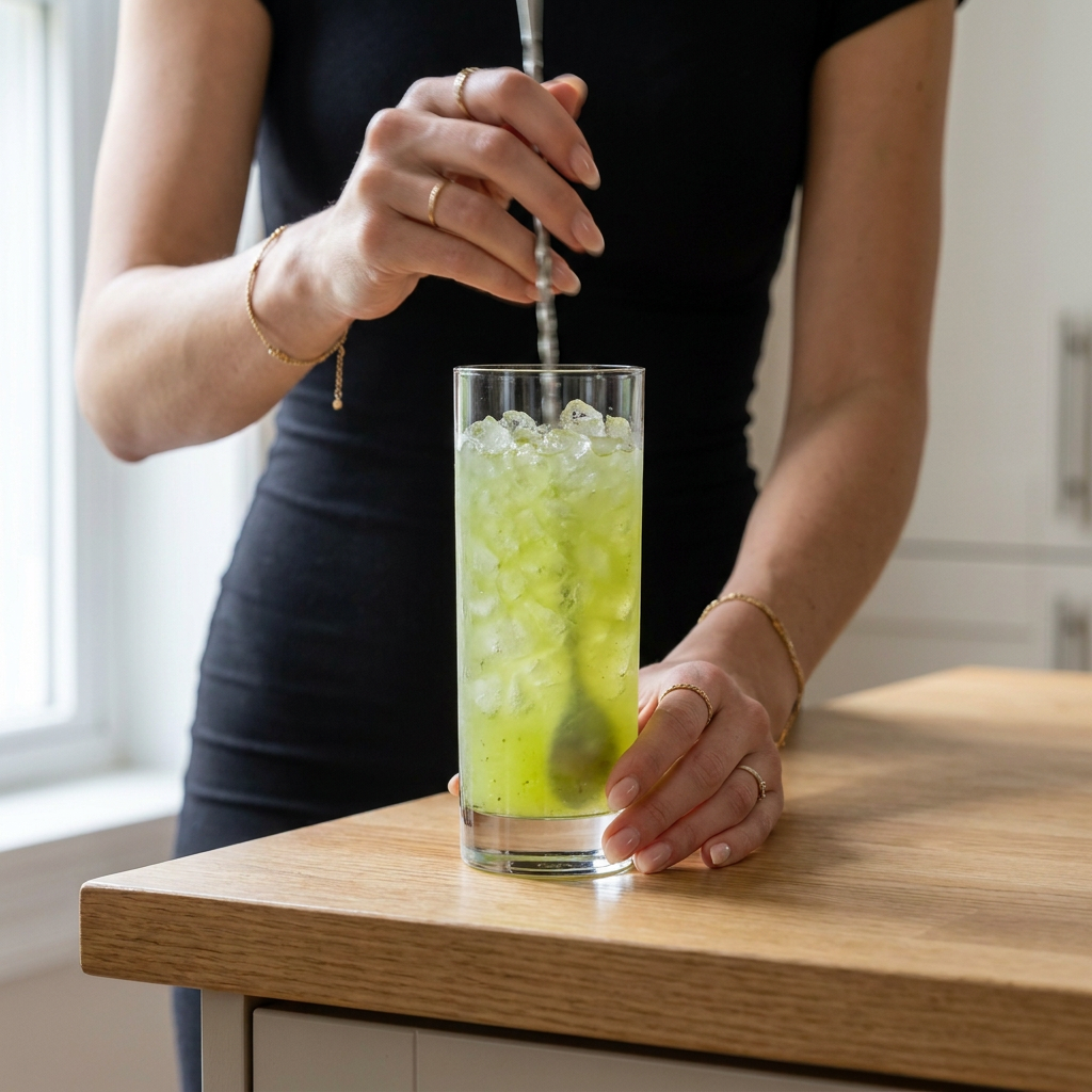 Pouring the Chartreuse Swizzle into a chilled collins glass