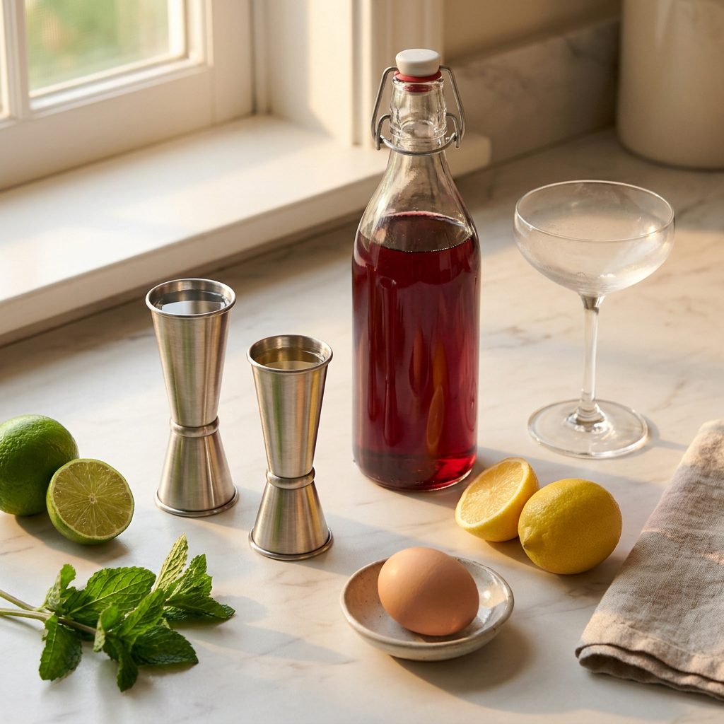 Ingredients for a Clover Leaf: Gin, Dry vermouth, Grenadine laid out on a home kitchen counter