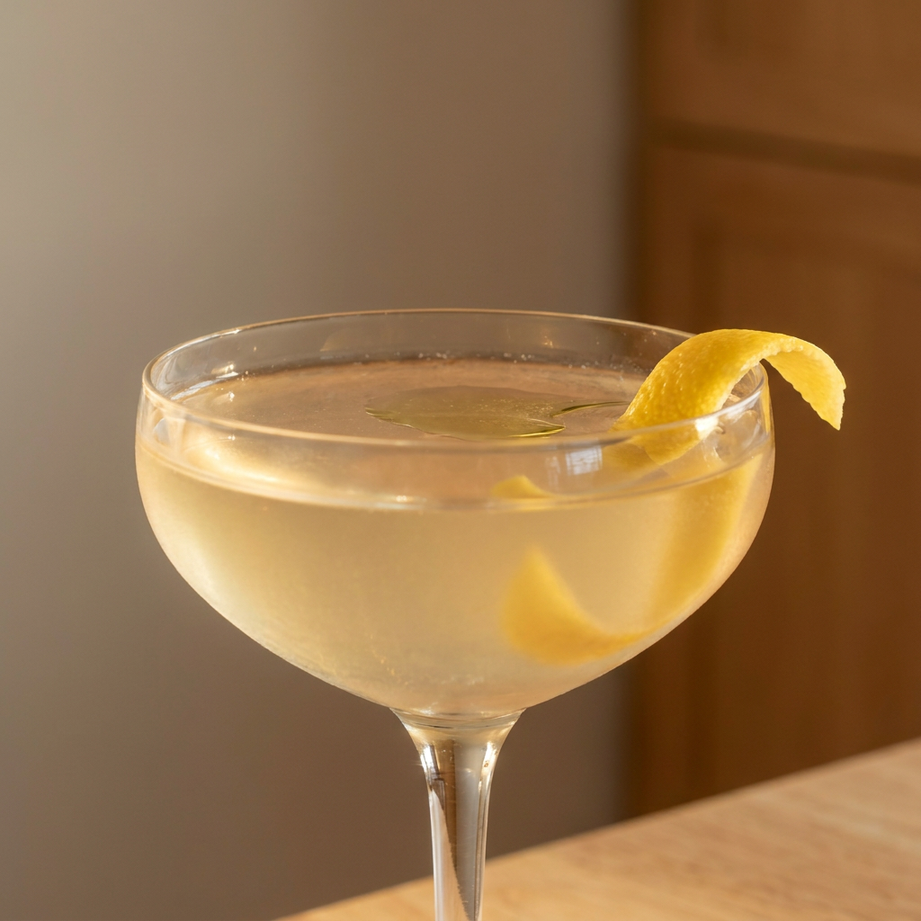 Close-up of the lemon peel on a Corpse Reviver No. 2, expressed over the glass