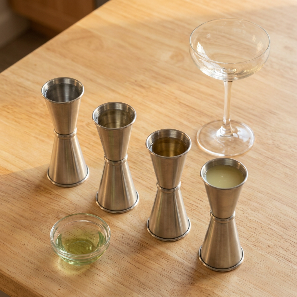 Ingredients for a Corpse Reviver No. 2: Gin, Cointreau, Lillet Blanc laid out on a home kitchen counter