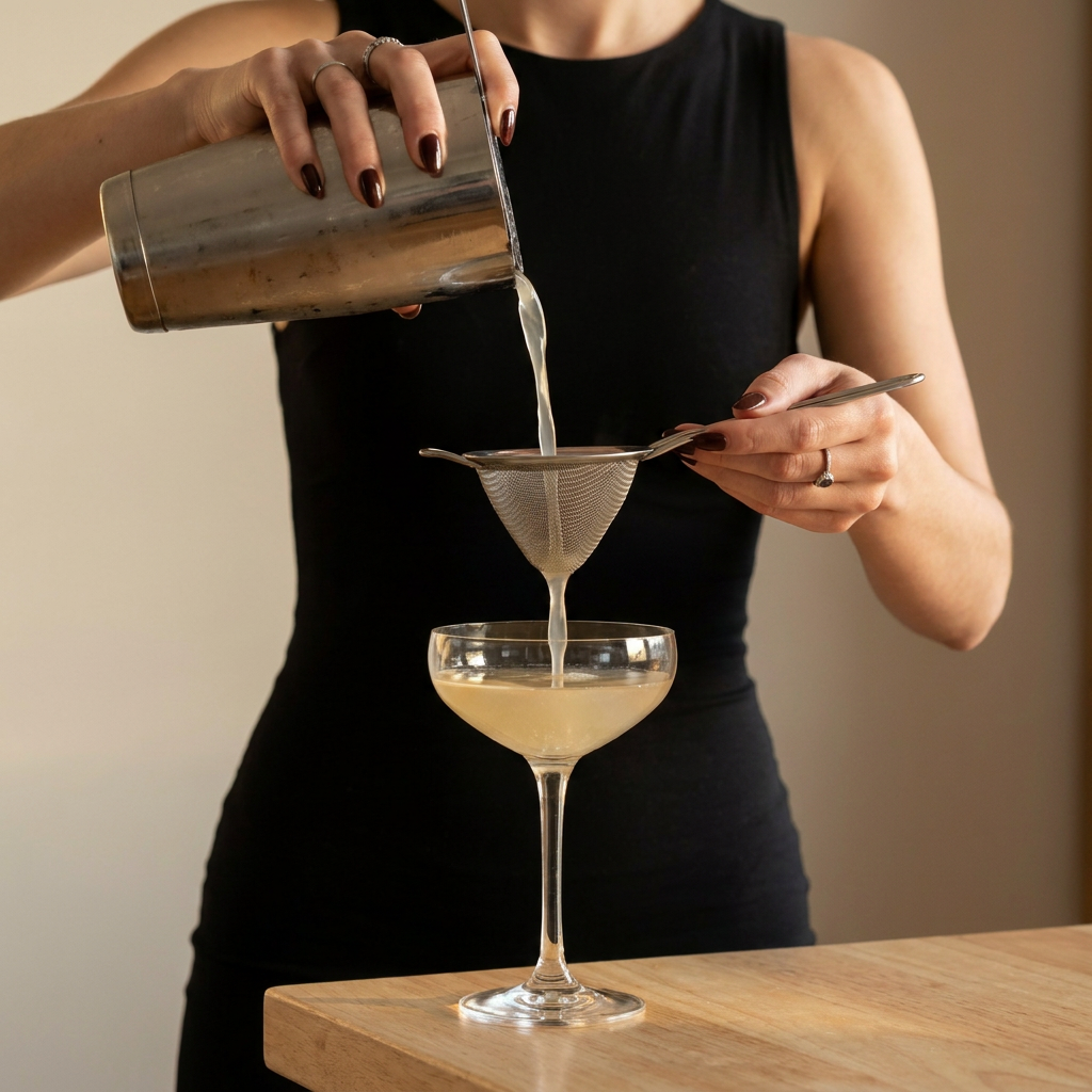 Shaking the Corpse Reviver No. 2 into a chilled coupe glass