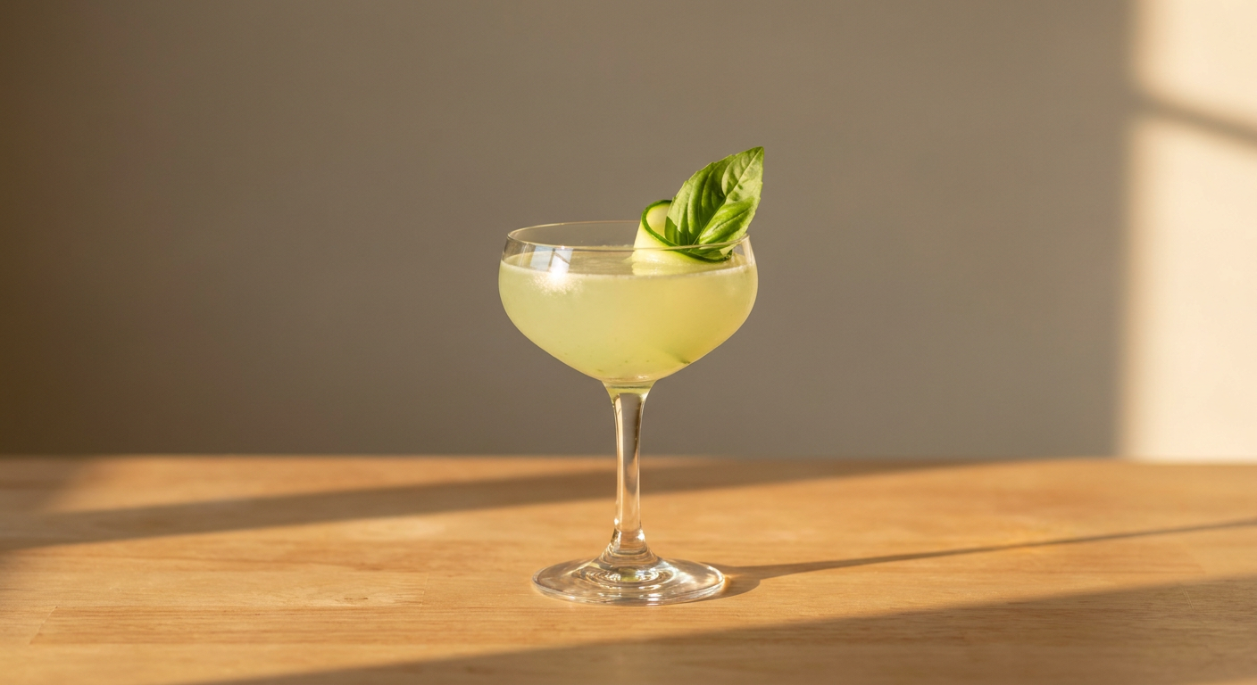 Cucumber Basil Gimlet cocktail served in a Coupe glass