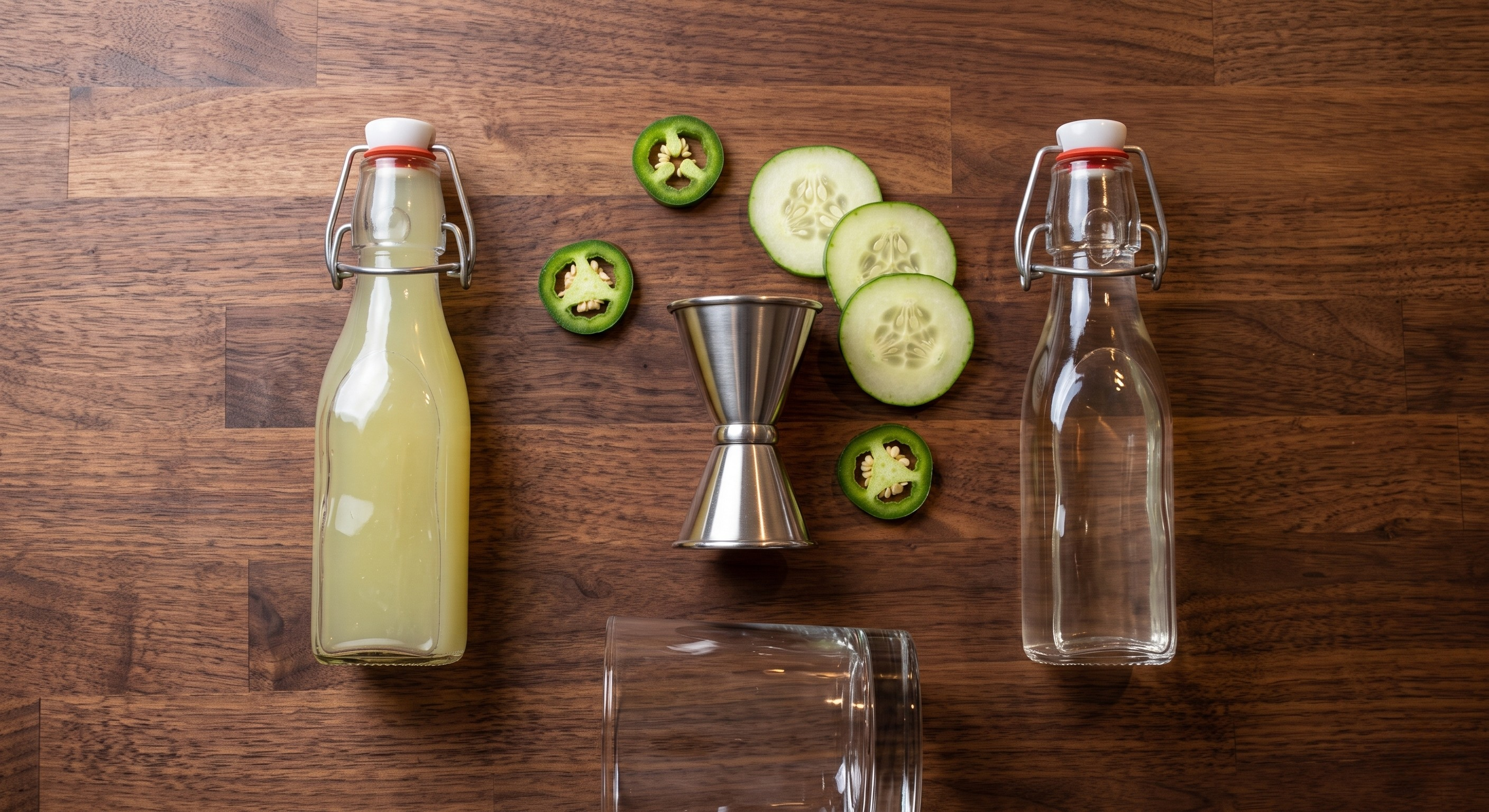 Ingredients laid out for the Cucumber-Jalapeño Gin Smash