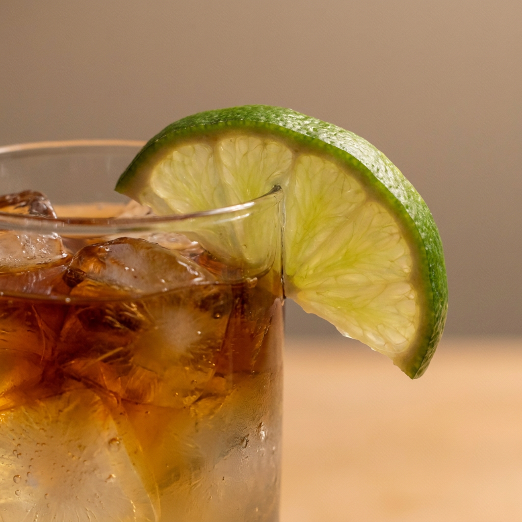 Close-up of the lime wedge on a Dark 'n' Stormy, expressed over the glass
