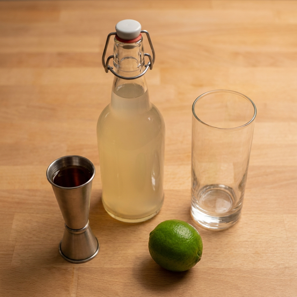 Ingredients for a Dark 'n' Stormy: Dark rum, Ginger beer laid out on a home kitchen counter