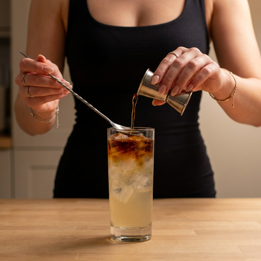 Pouring the Dark 'n' Stormy into a chilled highball glass