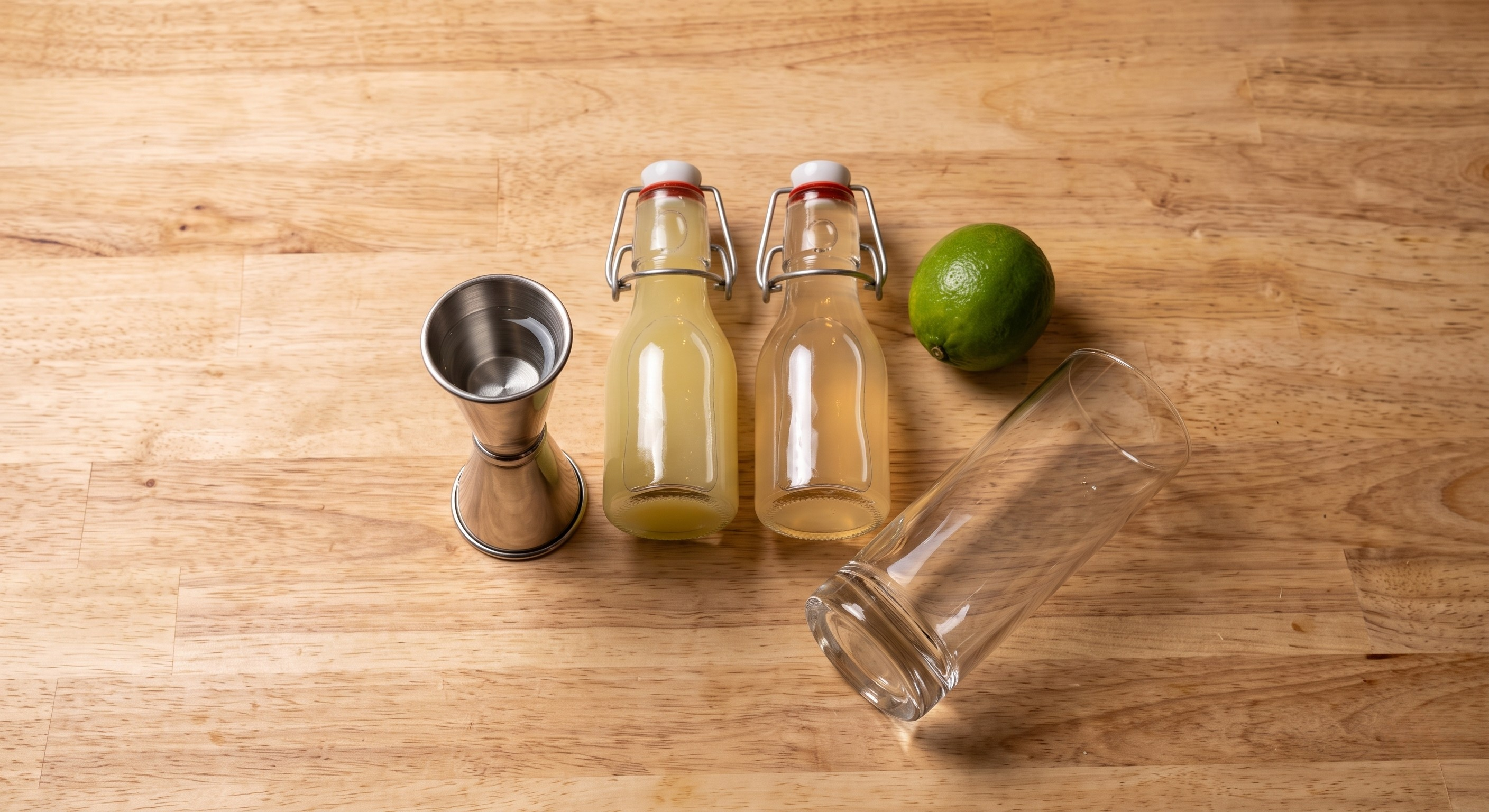 Ingredients laid out for the Gin Buck