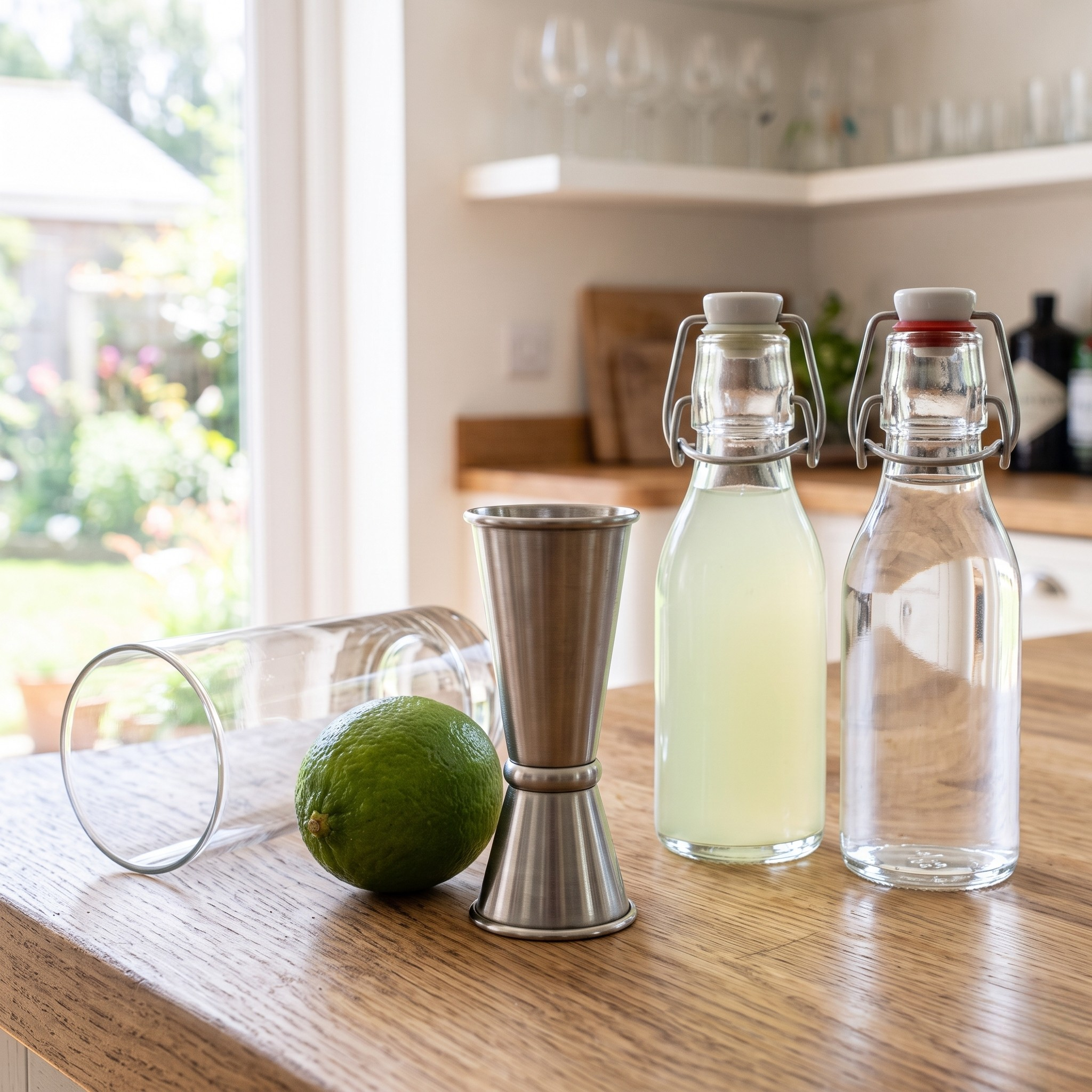 Ingredients laid out for the Gin Rickey
