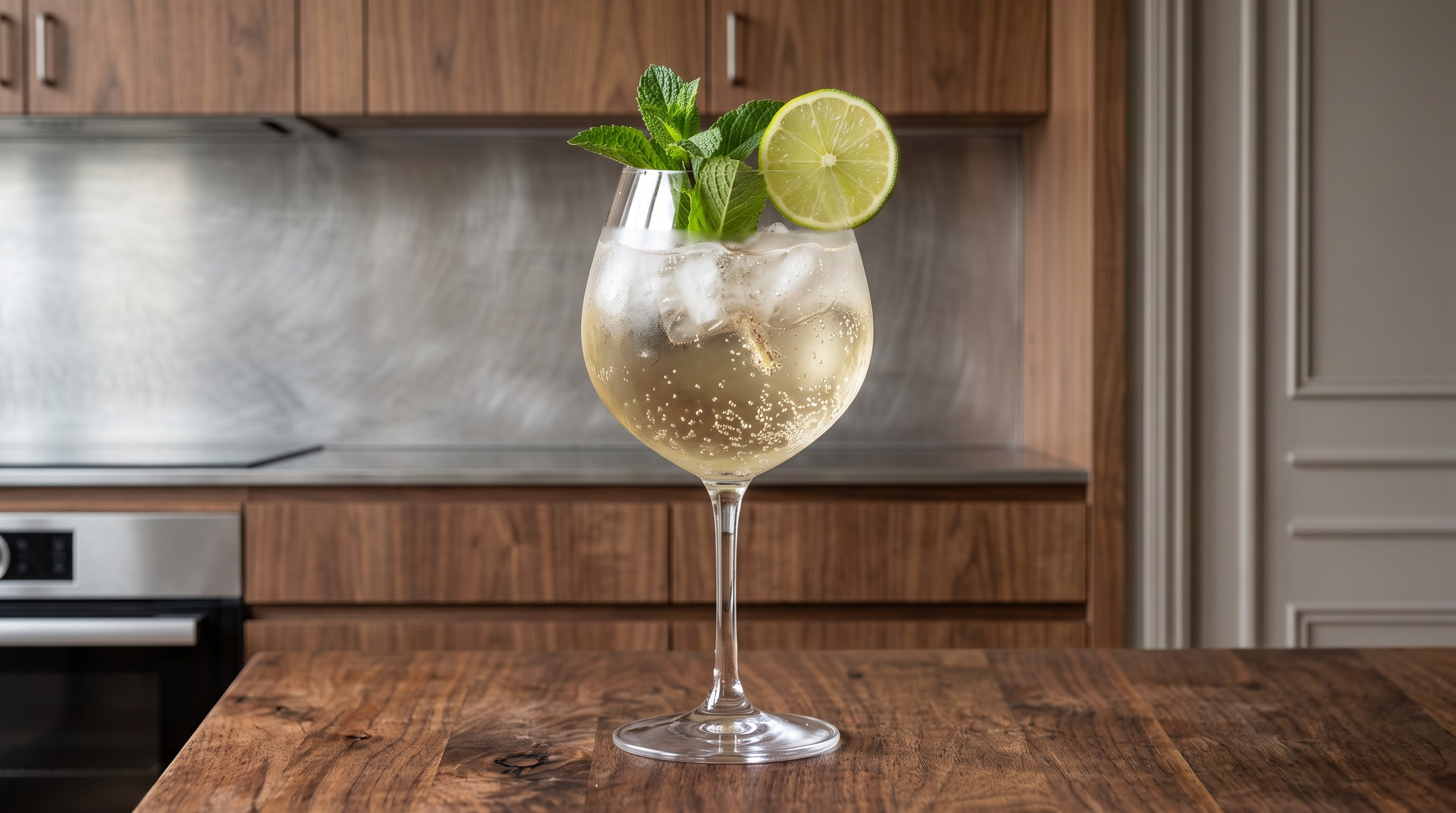 Hugo Spritz cocktail served in a Large wine glass