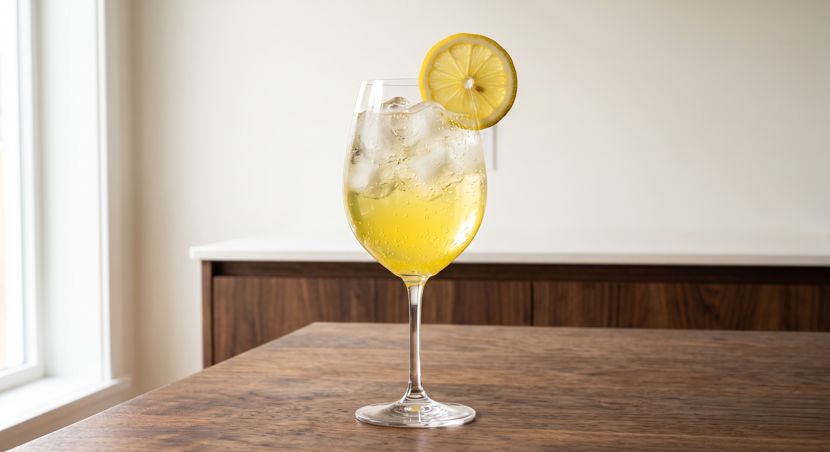 Limoncello Spritz cocktail served in a Large wine glass