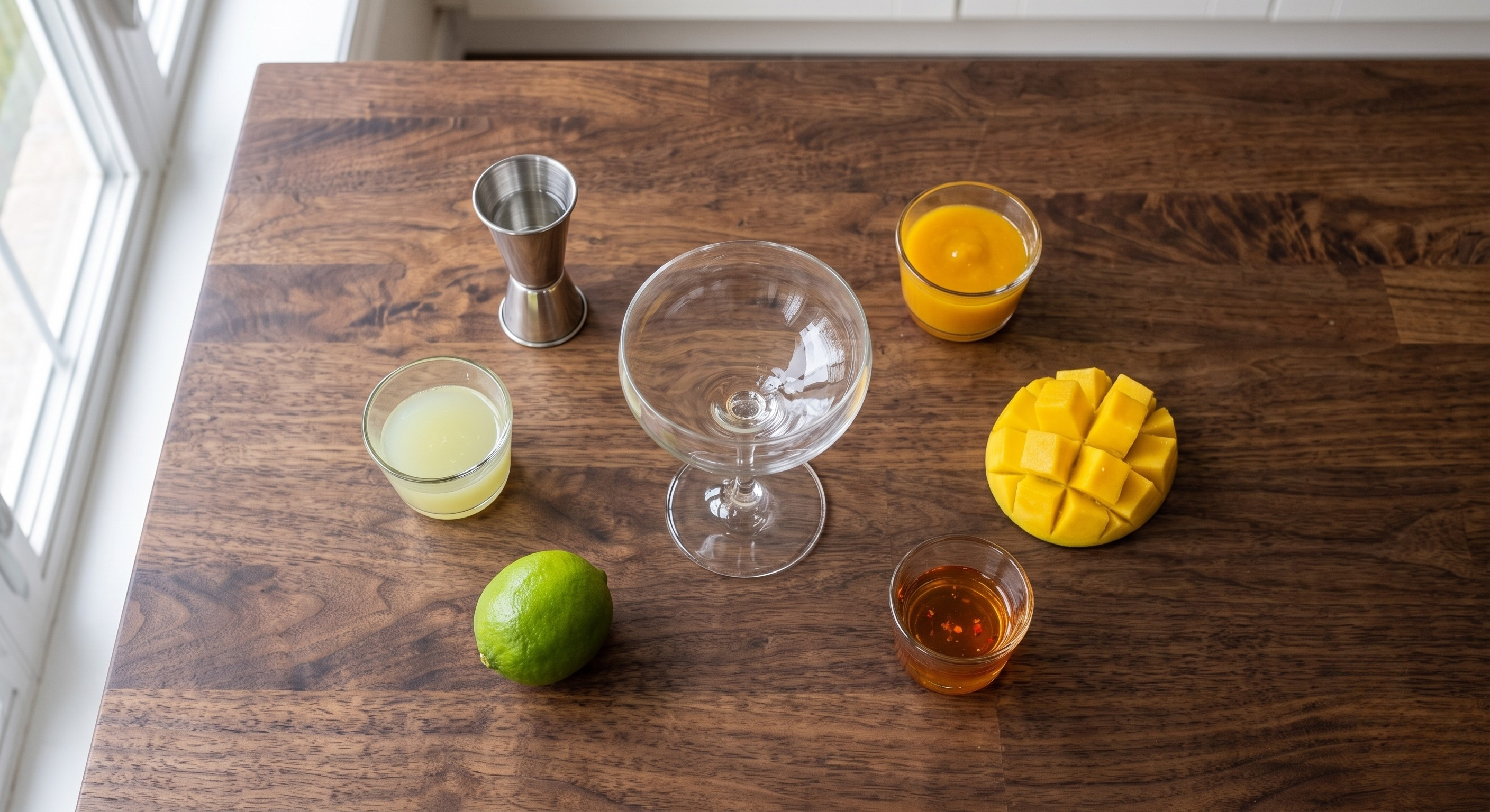 Ingredients laid out for the Mango Chilli Daiquiri