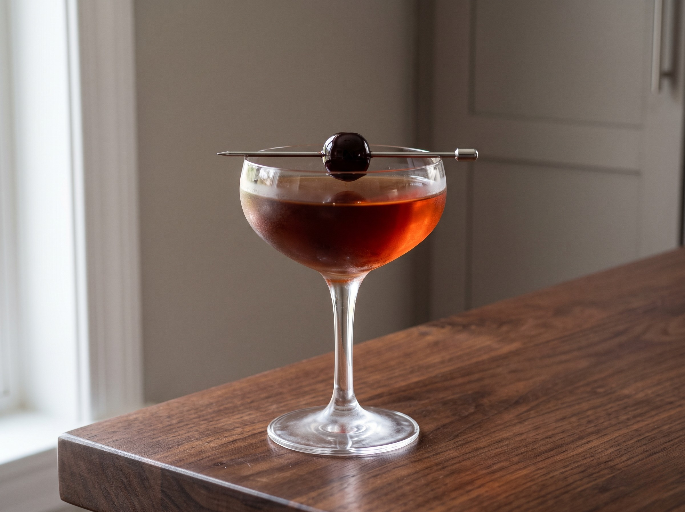 Manhattan cocktail served in a Served up in a chilled coupe or martini glass — no ice