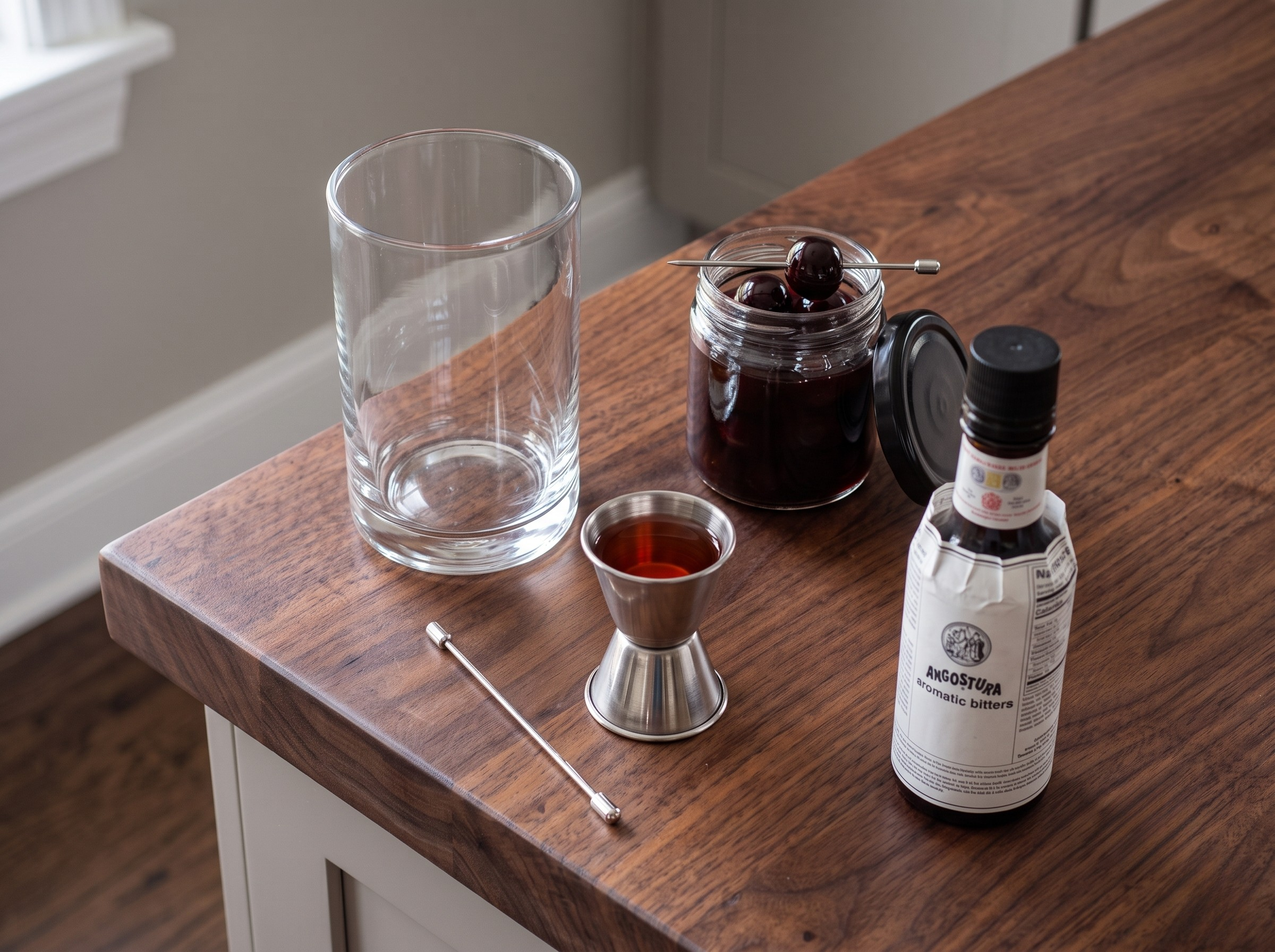 Ingredients laid out for the Manhattan