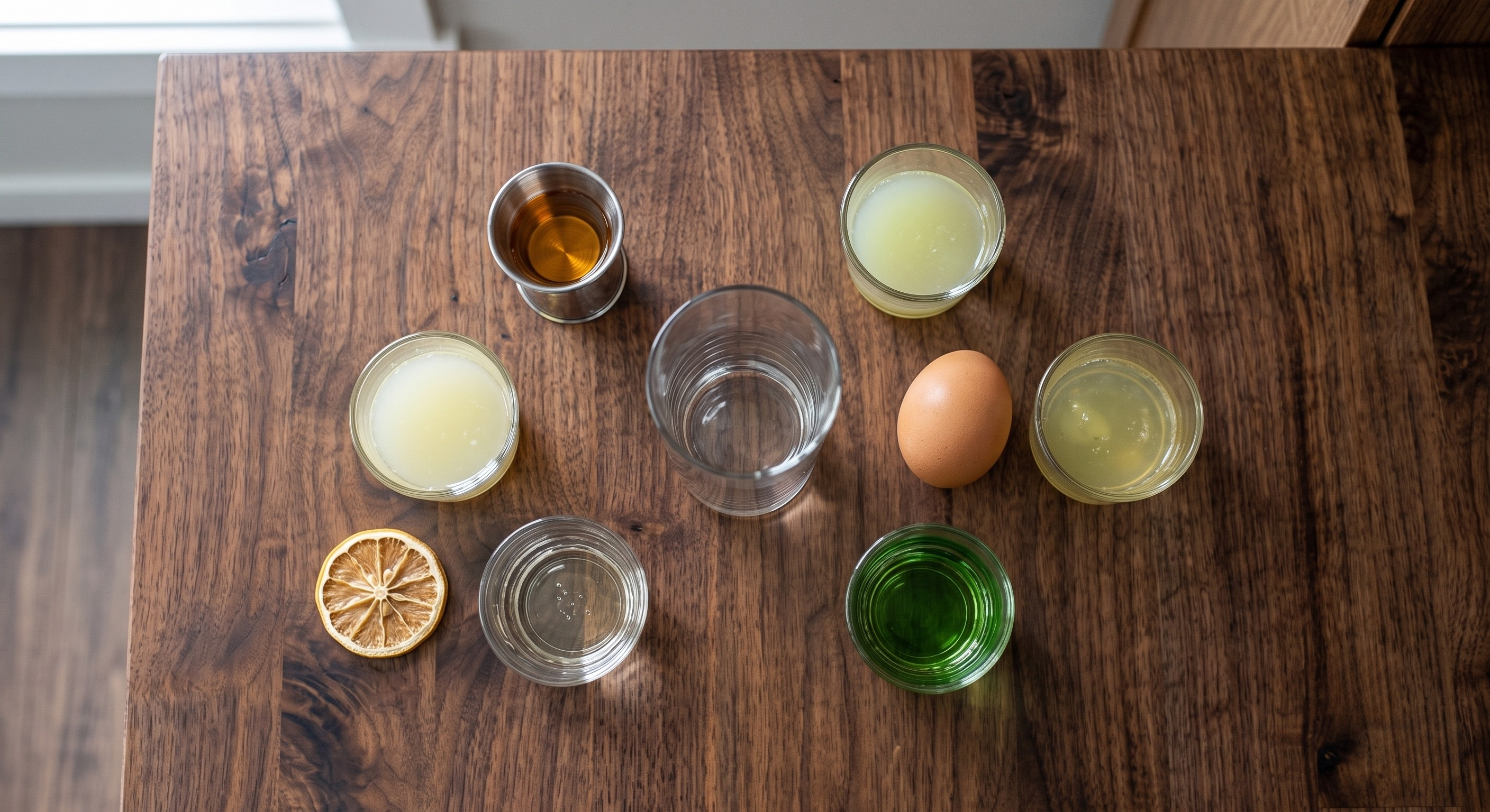 Ingredients laid out for the Morning Glory Fizz