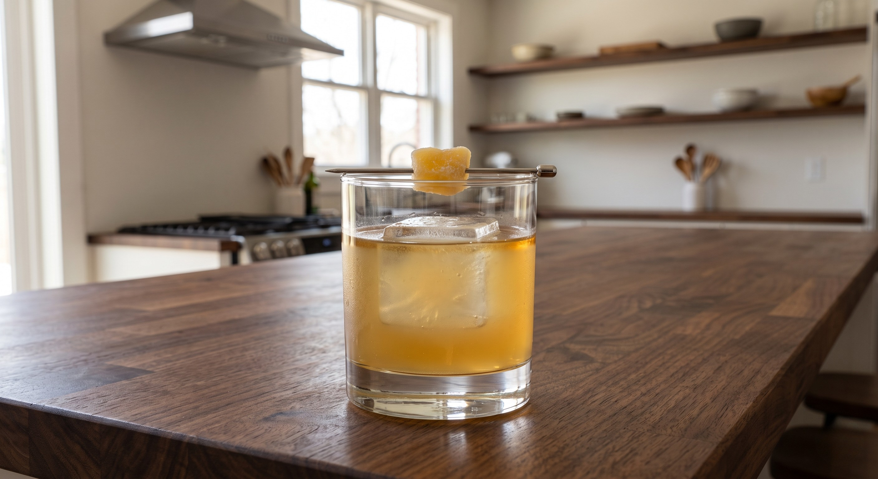Penicillin cocktail served in a Rocks glass