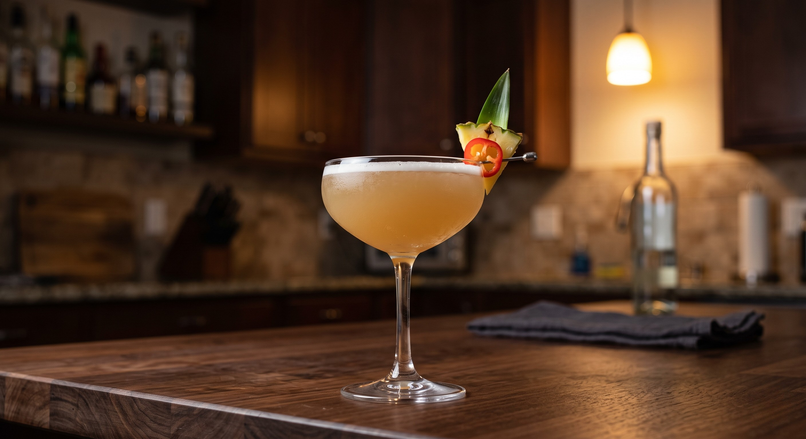 Pineapple Habanero Mezcal Sour cocktail served in a Coupe or martini glass