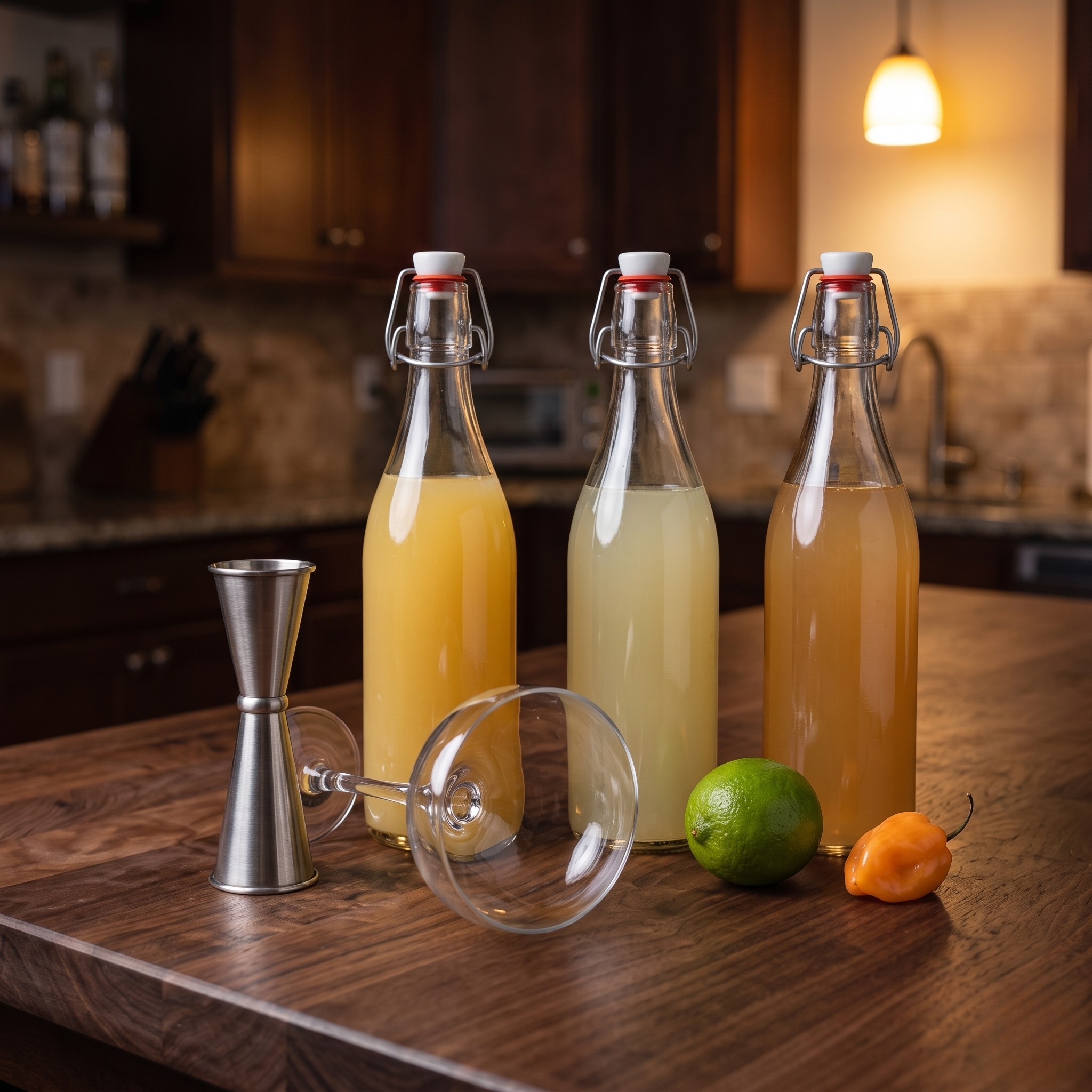 Ingredients laid out for the Pineapple Habanero Mezcal Sour