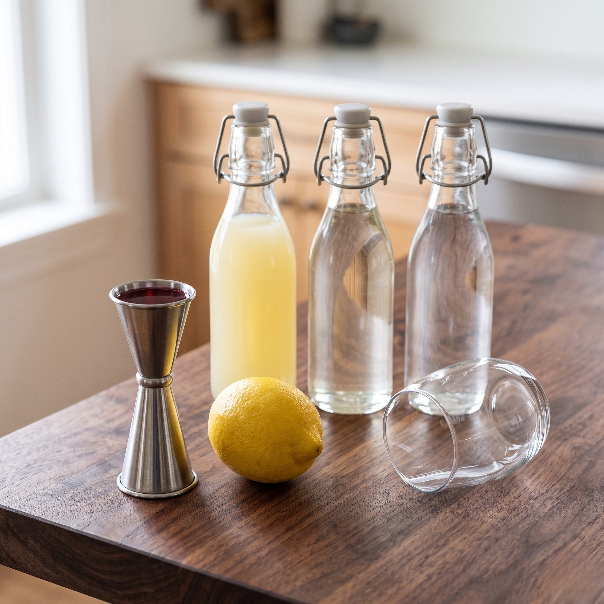 Ingredients laid out for the Sloe Gin Fizz