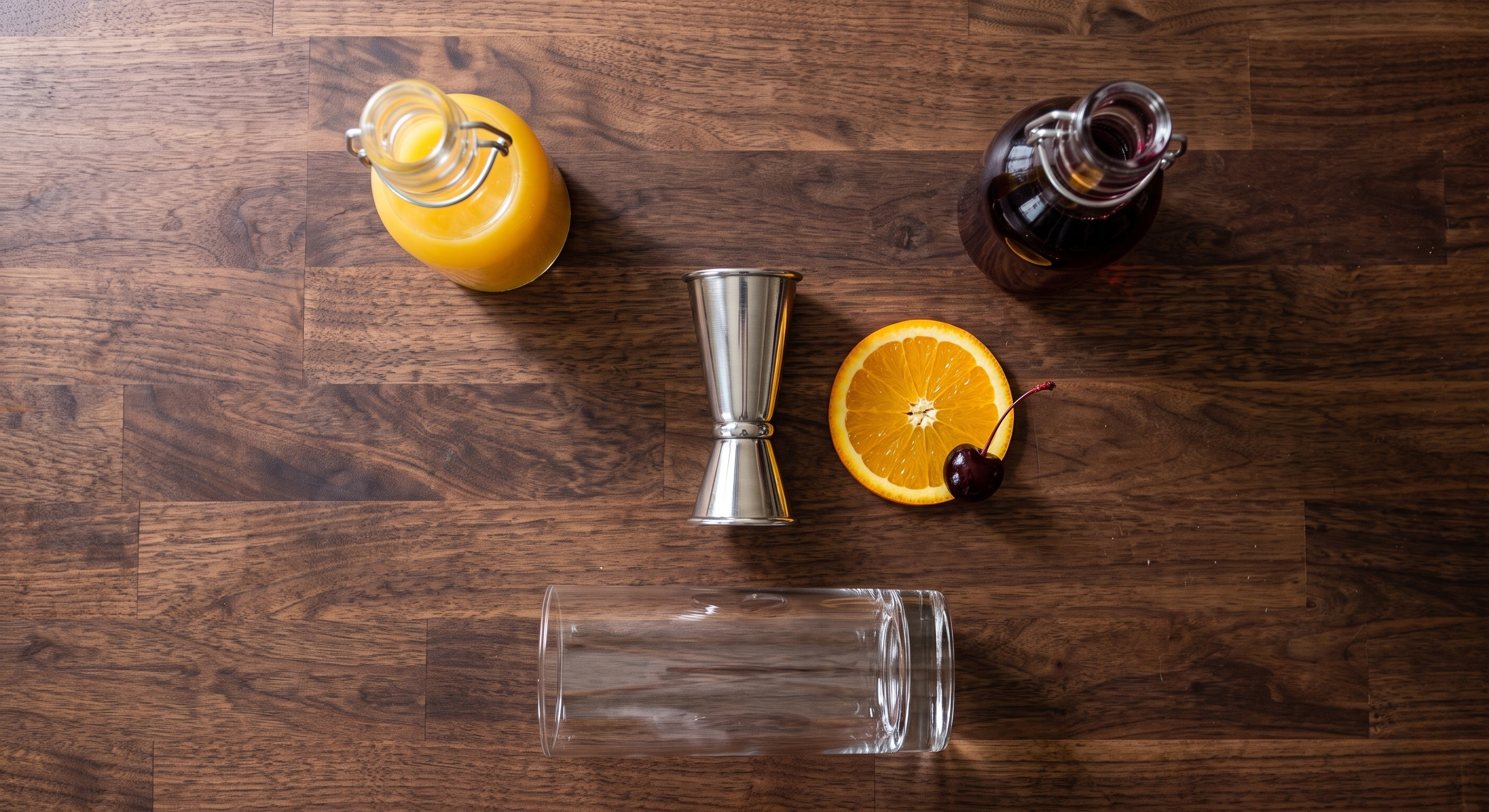 Ingredients laid out for the Tequila Sunrise