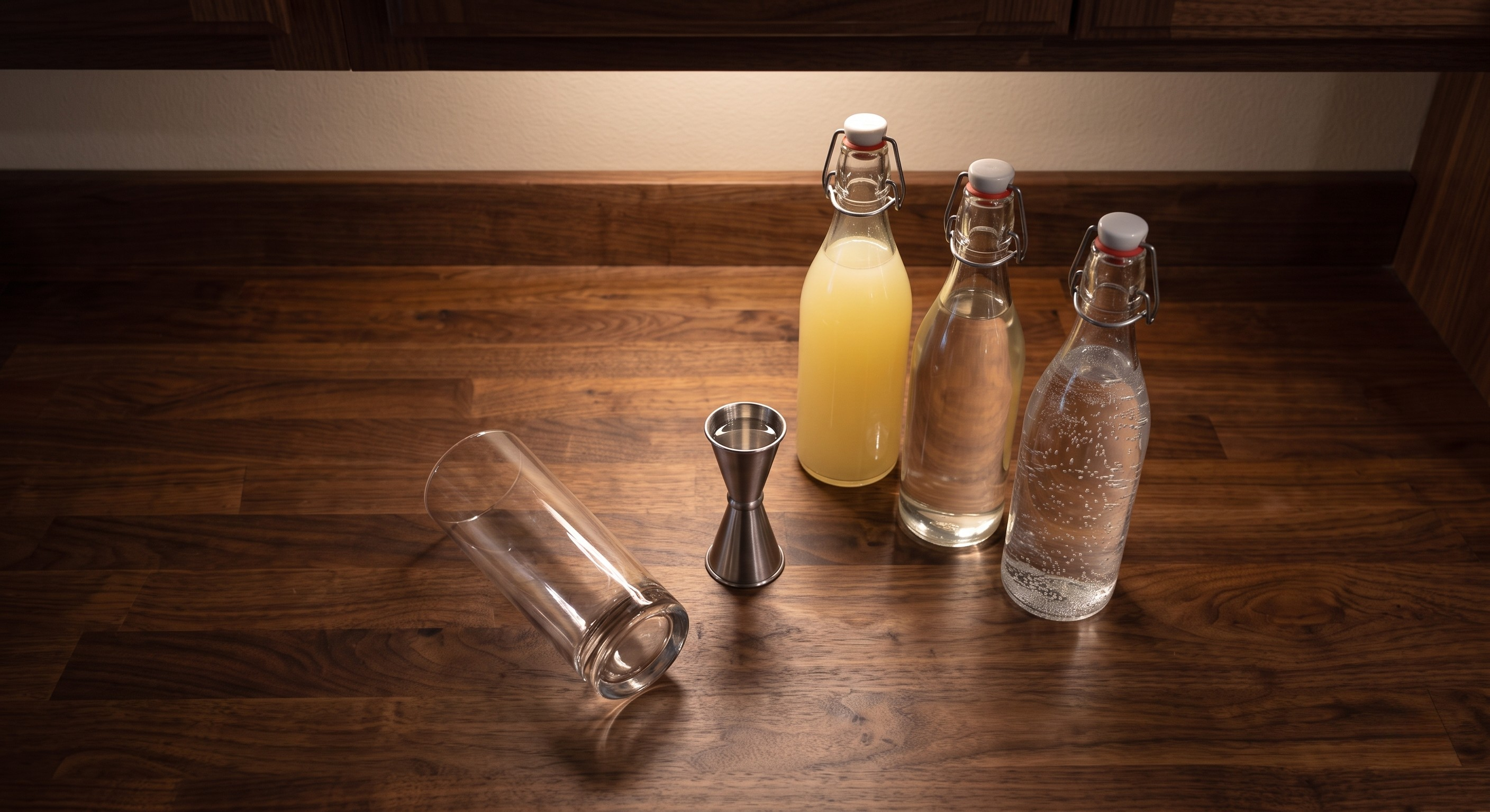 Ingredients laid out for the Tom Collins