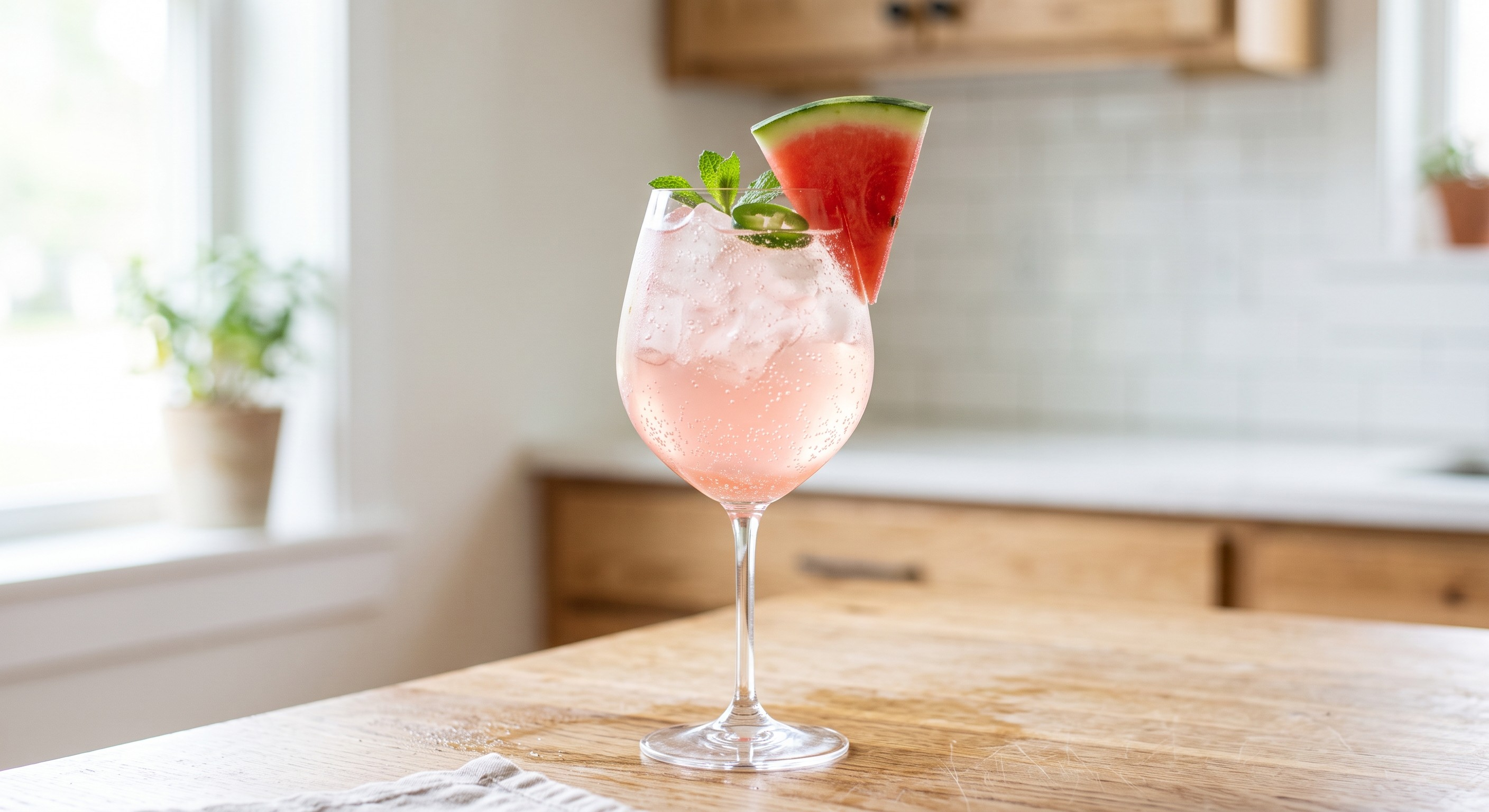 Watermelon Jalapeño Spritz cocktail served in a Large wine glass
