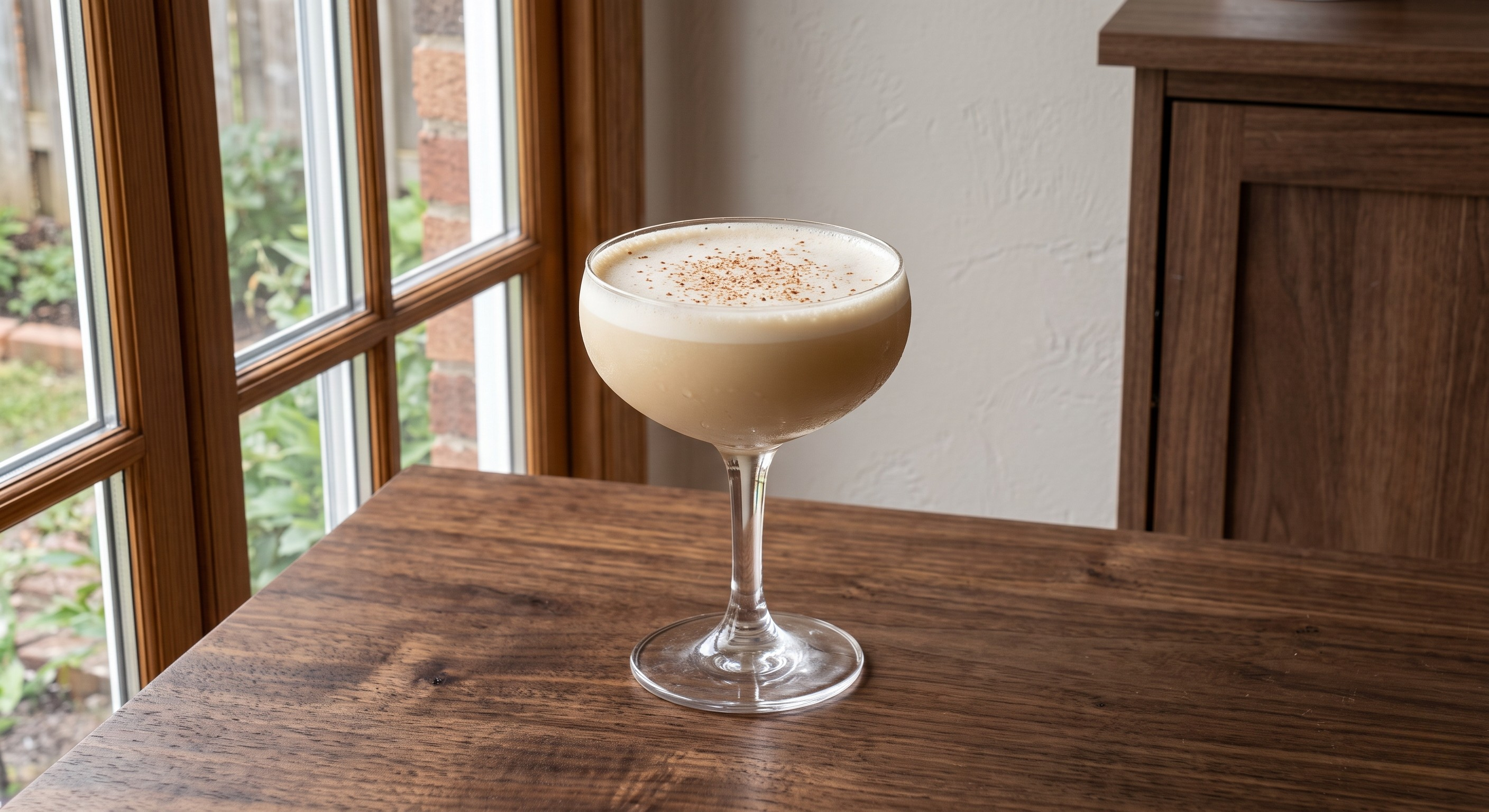 Whiskey Flip cocktail served in a Small coupe glass.