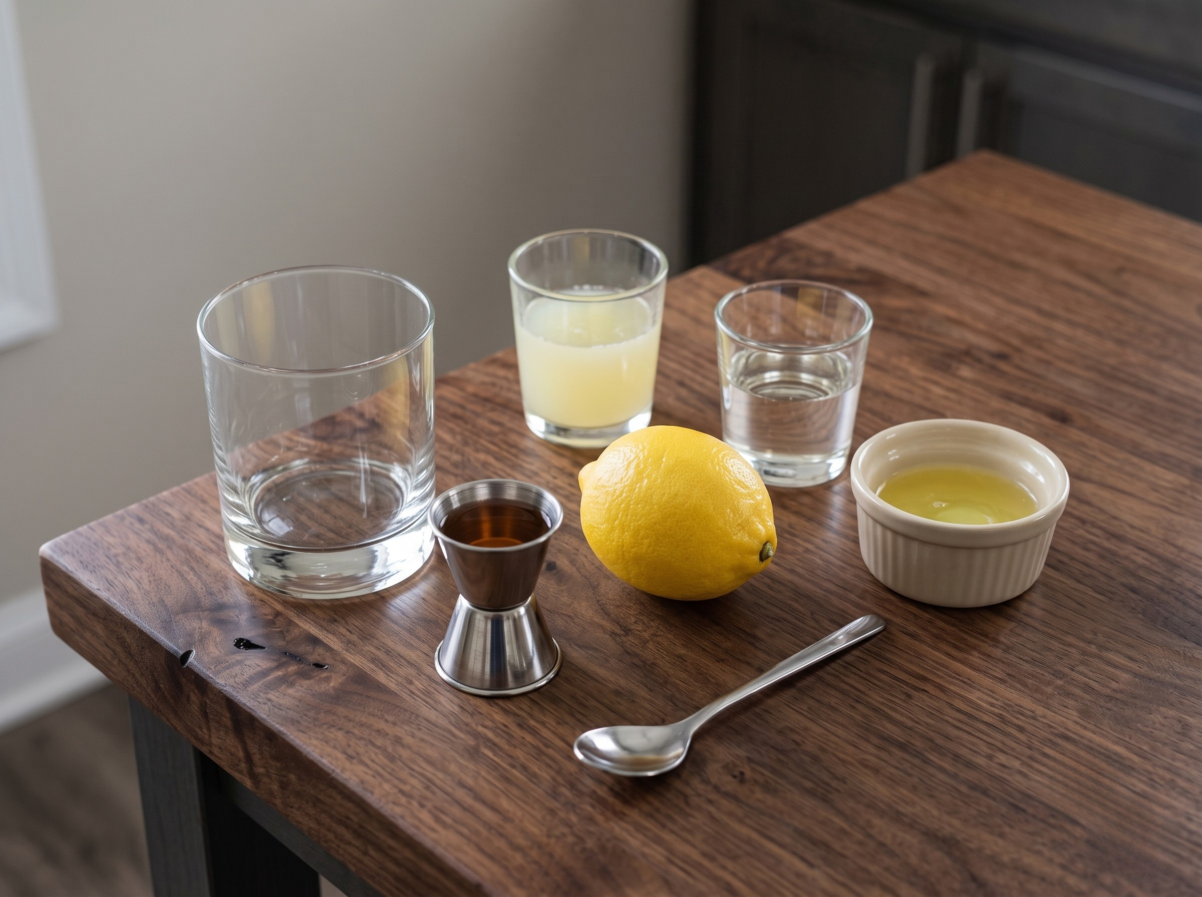 Ingredients laid out for the Whiskey Sour